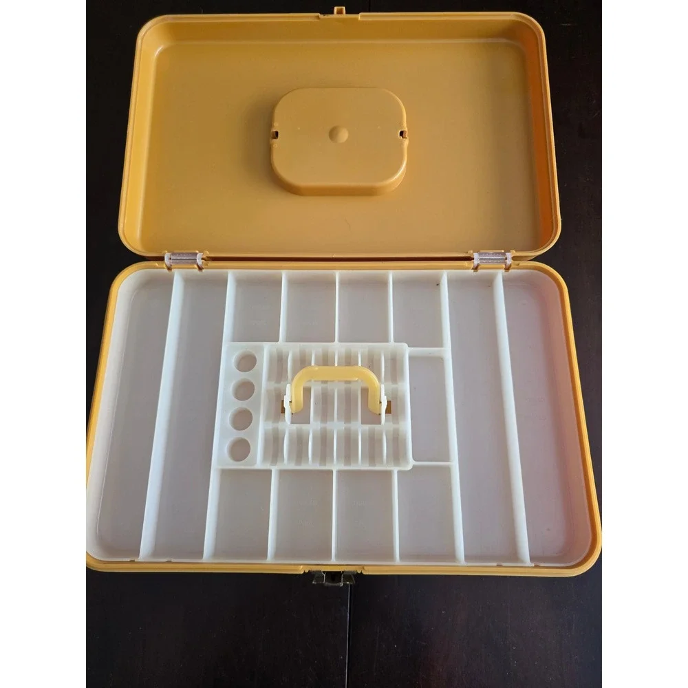 Vintage Wil-hold Sewing Box Mustard Yellow Wilson Mfg Corp 42 Spool Organizer US